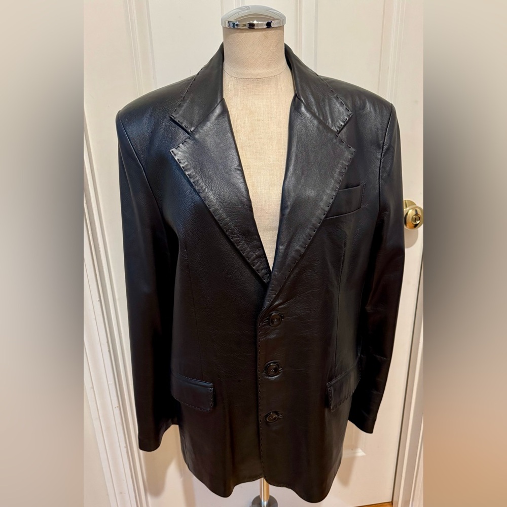 Black Leather Jacket with Notched Lapel for Men